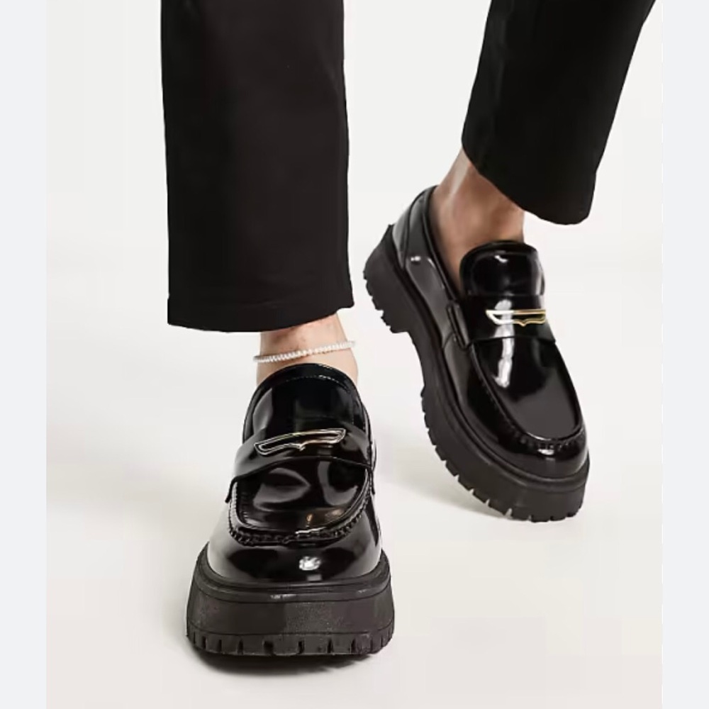 ASOS Black Patent Chunky Loafers with Gold Accent Platform Unisex Men Sz 9.